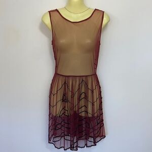 Free People  Dress Wine Mesh Beaded Sheer Net Dress Excellent Size Small
